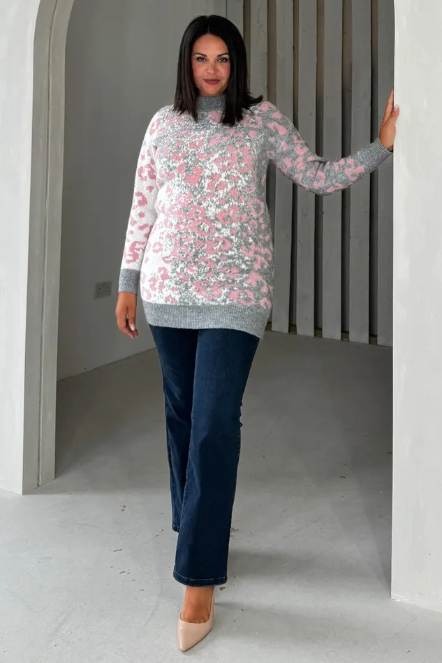 Girl In Mind Knitwear Mavis Pink and Grey Leopard Jumper Dress 8211 Women