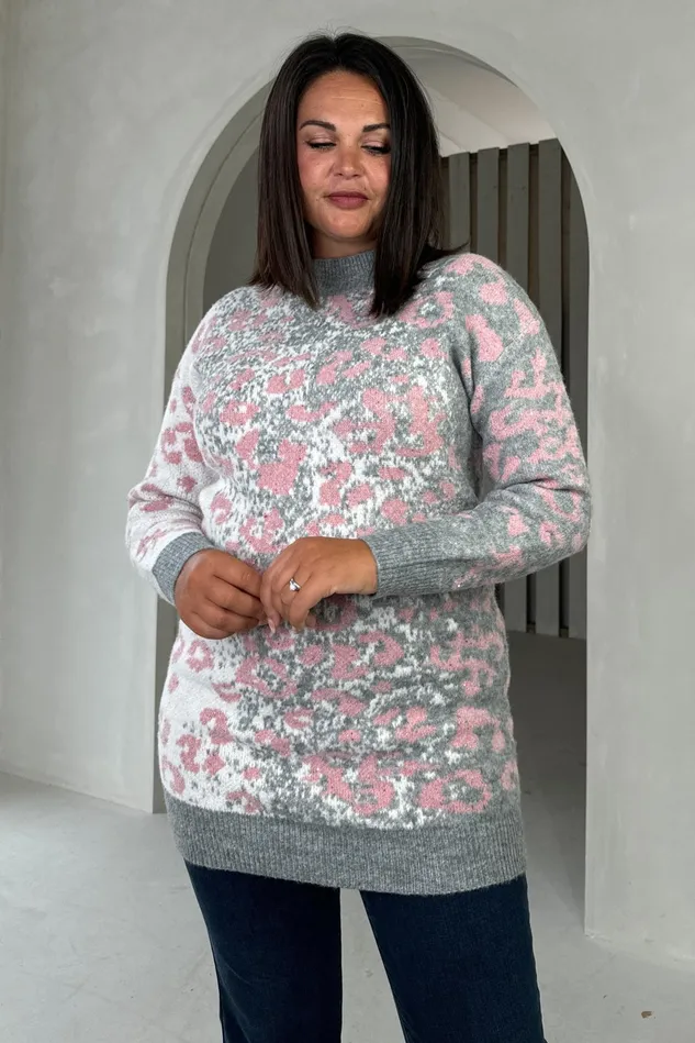 Girl In Mind Knitwear Mavis Pink and Grey Leopard Jumper Dress 8211 Women