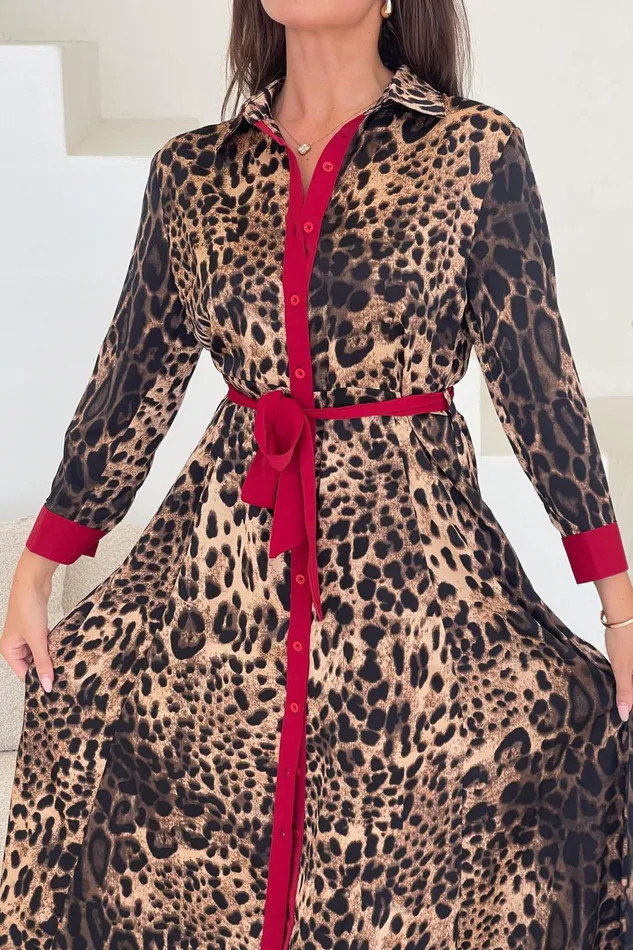 Girl In Mind Maxi Dresses Angela Leopard Print Red Shirt Maxi Dress 8211 Women