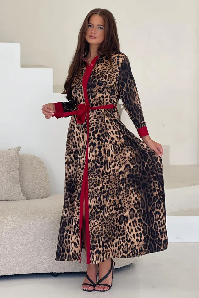 Girl In Mind Maxi Dresses Angela Leopard Print Red Shirt Maxi Dress 8211 Women
