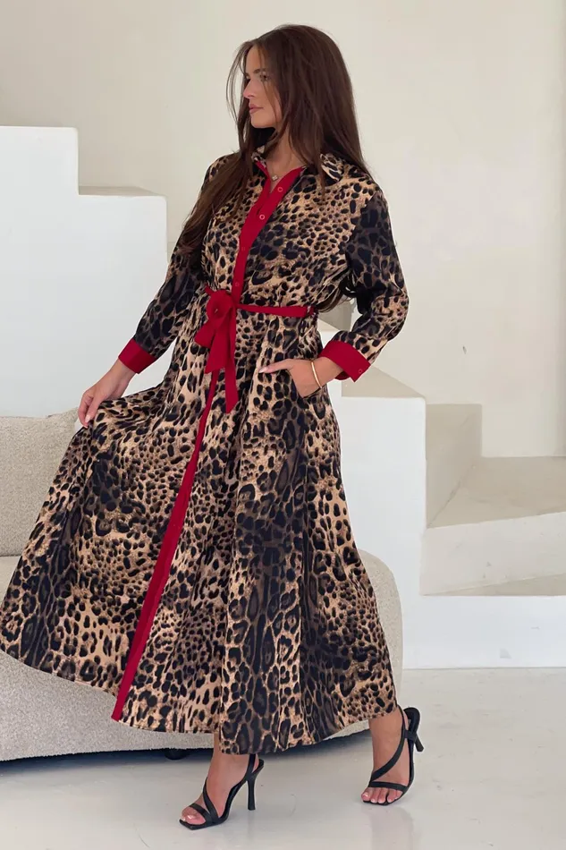 Girl In Mind Maxi Dresses Angela Leopard Print Red Shirt Maxi Dress 8211 Women