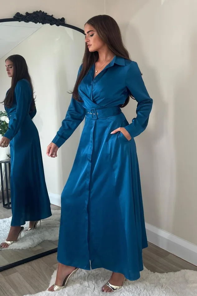 Girl In Mind Maxi Dresses Kira Wrap Detail Maxi Shirt Dress In Petrol Blue 8211 Women