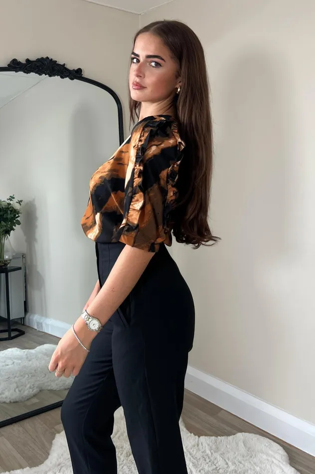 Girl In Mind Tops and Bodysuits Asher Brown Stripe Frill Sleeve Top 8211 Women