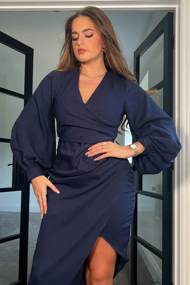 Girl In Mind Wrap Dresses Elsa Navy Long Sleeve Wrap Asymmetric Dress 8211 Women