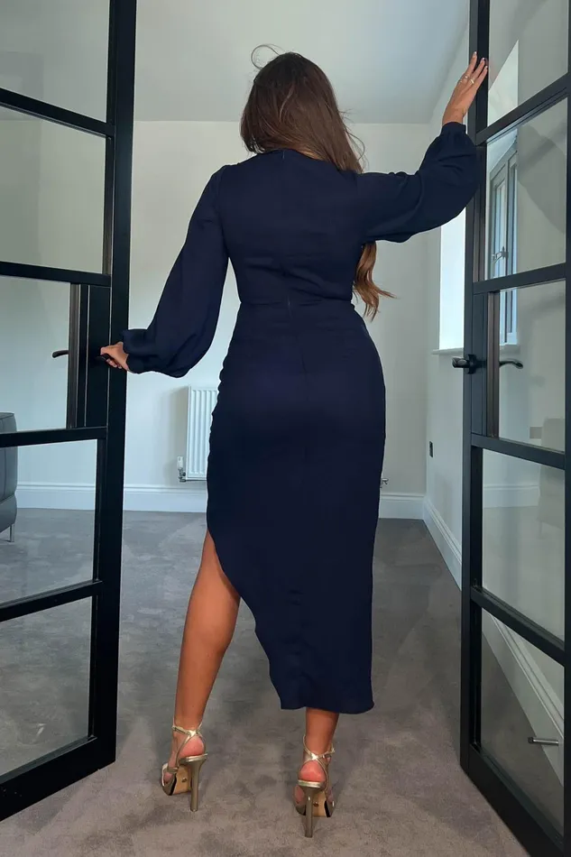 Girl In Mind Wrap Dresses Elsa Navy Long Sleeve Wrap Asymmetric Dress 8211 Women
