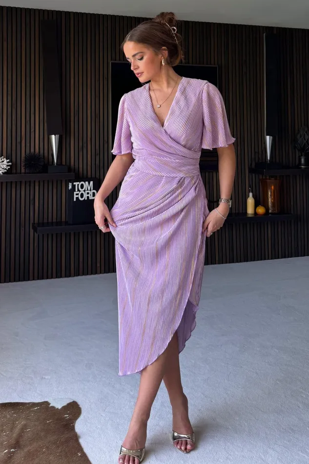 Girl In Mind Wrap Dresses Natasha Lilac Metallic Angel Sleeve Wrap Midi Dress 8211 Women