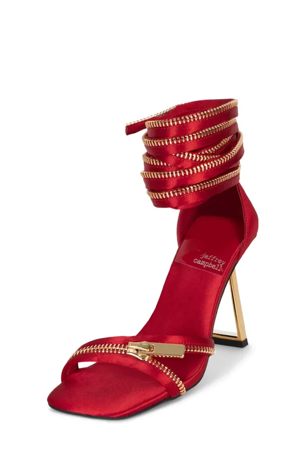 Jeffrey Campbell ZIPPEDUP Red Satin Gold Women Heel