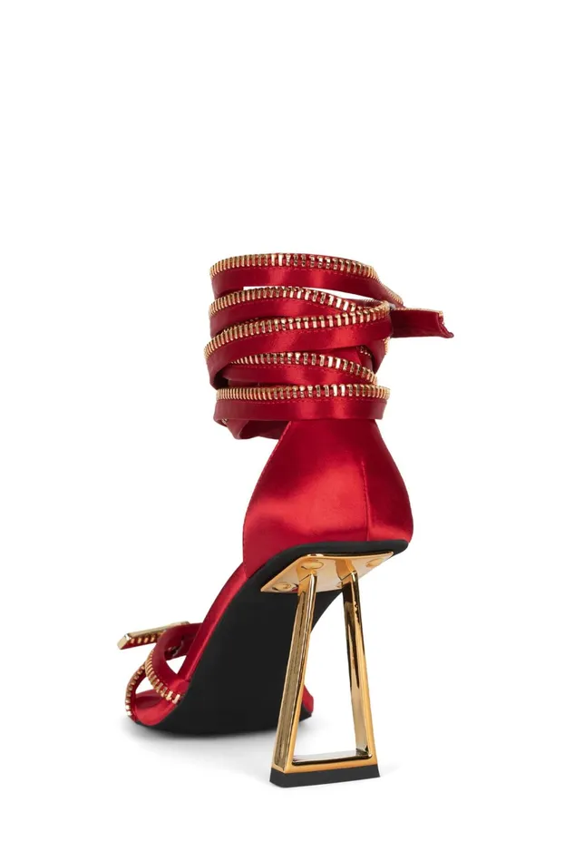 Jeffrey Campbell ZIPPEDUP Red Satin Gold Women Heel