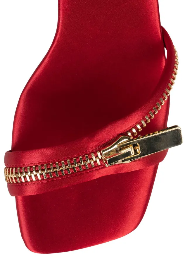 Jeffrey Campbell ZIPPEDUP Red Satin Gold Women Heel