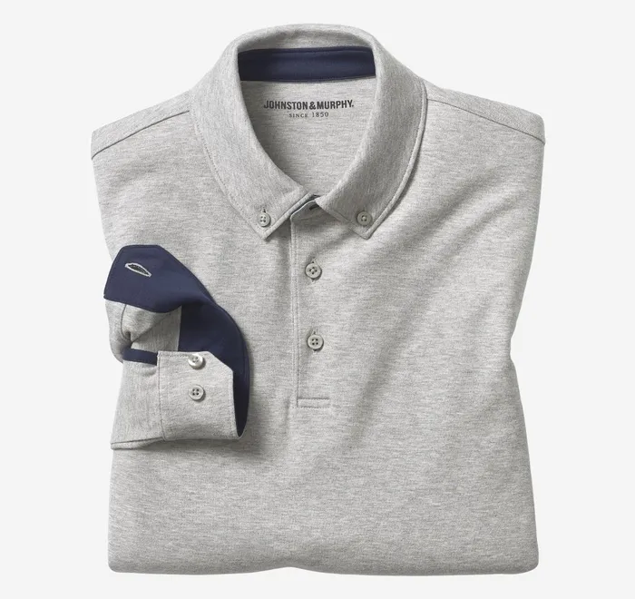 JohnstonandMurphy Polos and Tees Liquid Cotton LongSleeve Polo Heather Gray 8211 Men