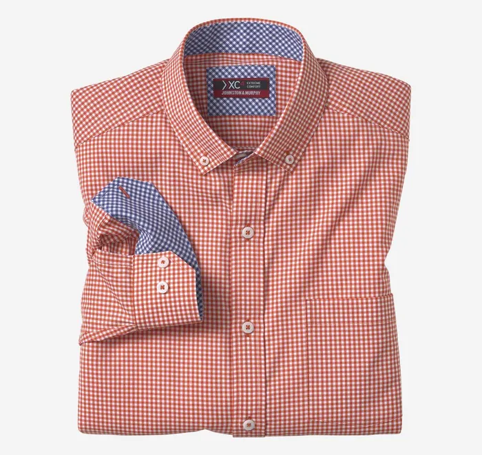 JohnstonandMurphy Shirts Xc4 LongSleeve StretchWoven Shirt Orangewhite Gingham 8211 Men JohnstonandMurphy Shirts Xc4 LongSleeve StretchWoven Shirt Orangewhite Gingham 8211 Men