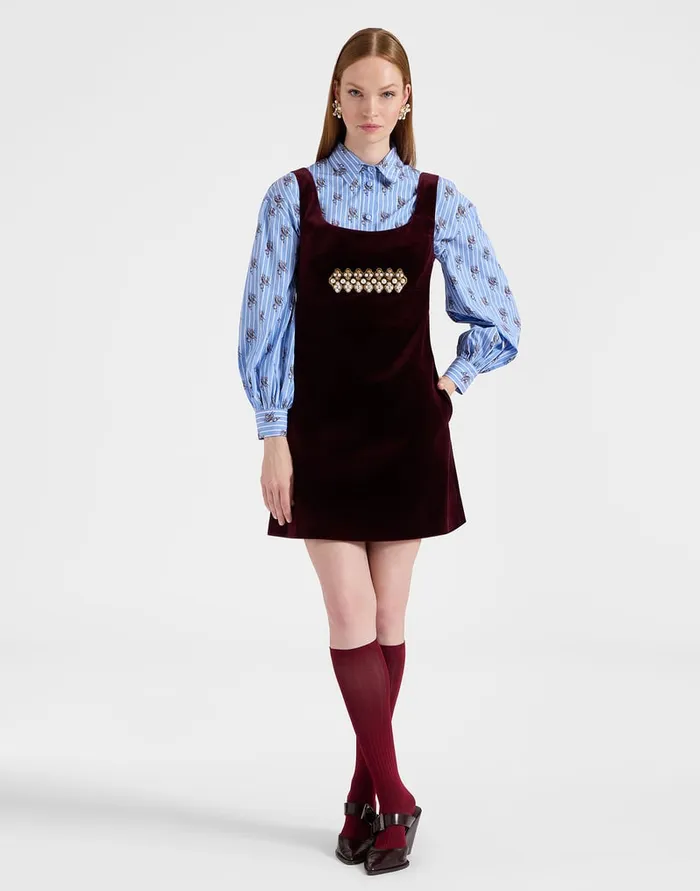 La Doublej Ella Mini Dress Solid Burgundy In Cotton Velvet Embroidered Women Dresses La Doublej Ella Mini Dress Solid Burgundy In Cotton Velvet Embroidered Women Dresses