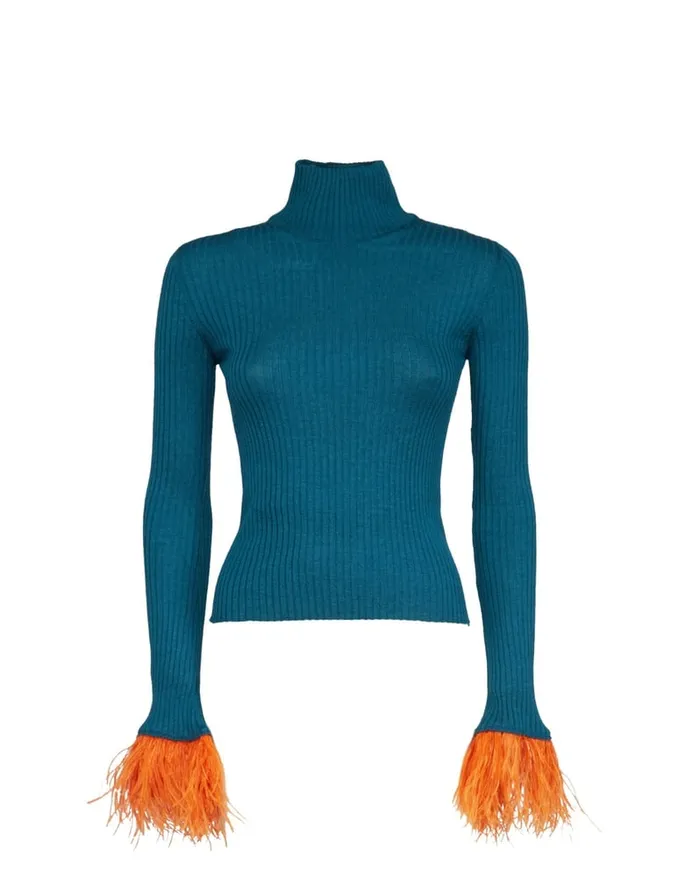 La Doublej High Kick Top Blue In Ribbed Silk Cashmere With Feathers Women Knitwear