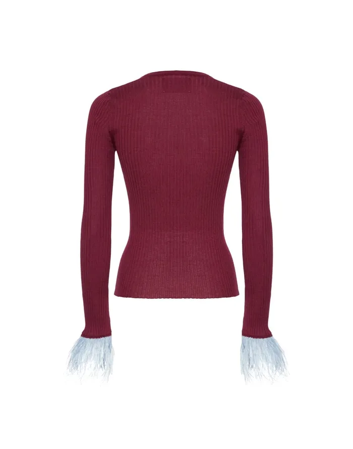 La Doublej VNeck High Kick Top Solid Burgandy In Ribbed Silk Cashmere With Feathers Women Knitwear