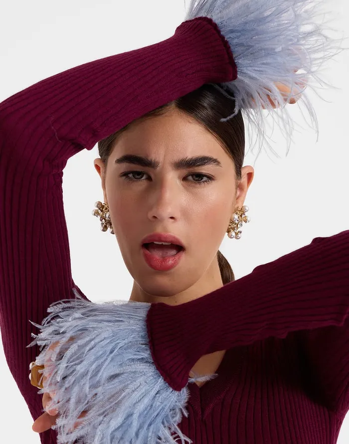 La Doublej VNeck High Kick Top Solid Burgandy In Ribbed Silk Cashmere With Feathers Women Knitwear