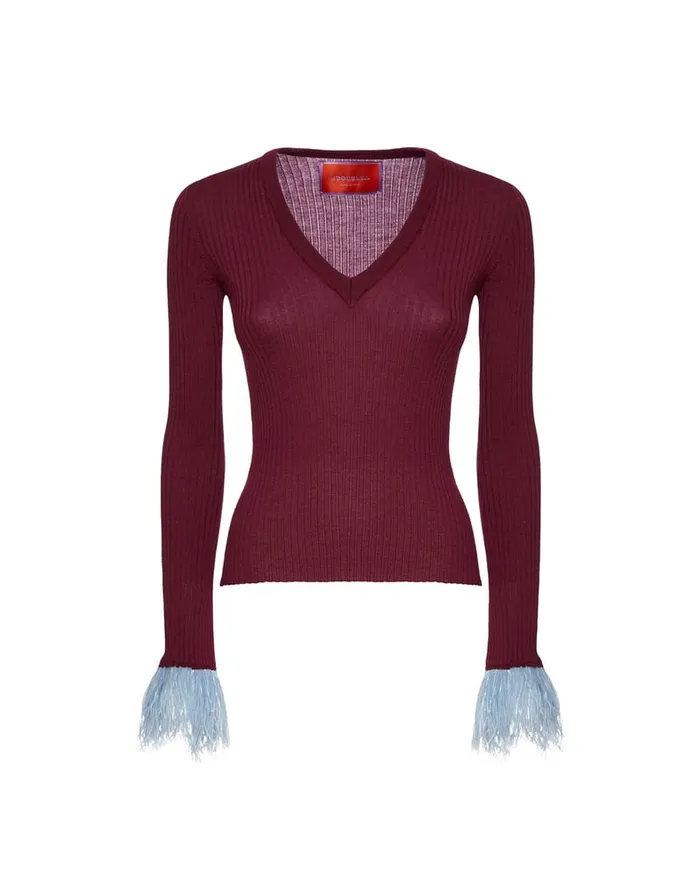 La Doublej VNeck High Kick Top Solid Burgandy In Ribbed Silk Cashmere With Feathers Women Knitwear