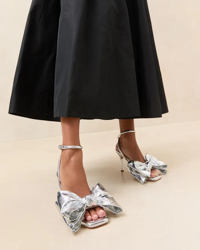 Loeffler Randall Marlena Silver Leather Bow Sandal Women Heeled Sandals Loeffler Randall Marlena Silver Leather Bow Sandal Women Heeled Sandals