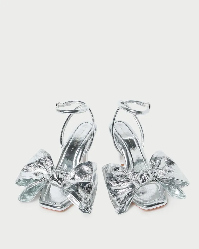Loeffler Randall Marlena Silver Leather Bow Sandal Women Heeled Sandals Loeffler Randall Marlena Silver Leather Bow Sandal Women Heeled Sandals
