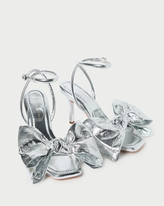 Loeffler Randall Marlena Silver Leather Bow Sandal Women Heeled Sandals Loeffler Randall Marlena Silver Leather Bow Sandal Women Heeled Sandals