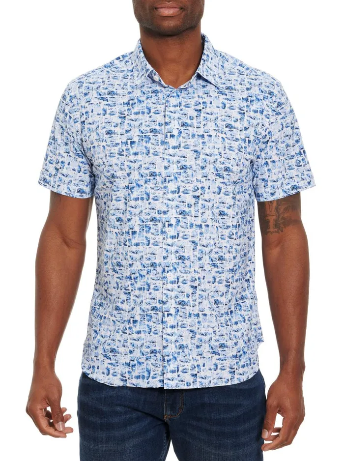 Men Robert Graham Button Down Shirts MADDOX PERFORMANCE SHORT SLEEVE KNIT BLUE