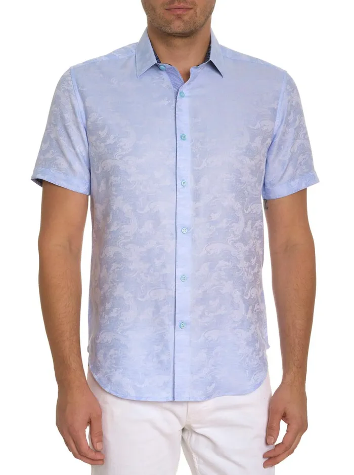 Men Robert Graham Button Down Shirts WAVE YOU SHORT SLEEVE BUTTON DOWN SHIRT LIGHT BLUE