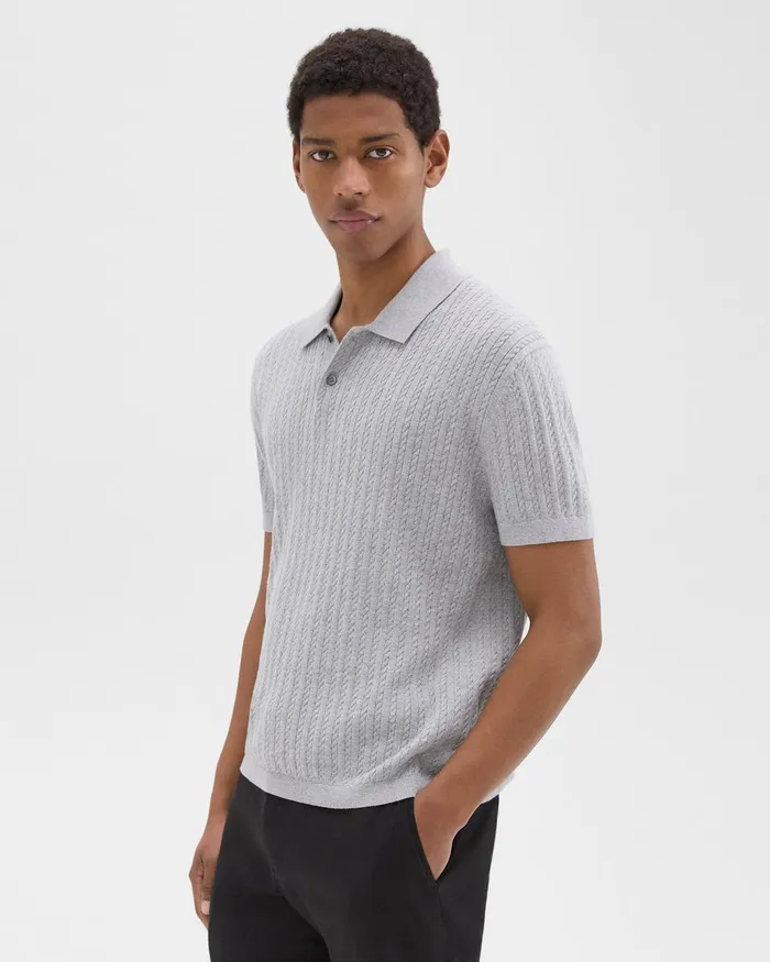 Men Theory Sweaters Cardigans Cable Knit Polo In Cotton Light Grey Heather