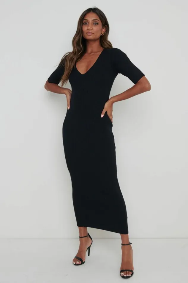 Pretty Lavish Curve Women Lara Ribbed Midi Dress Black