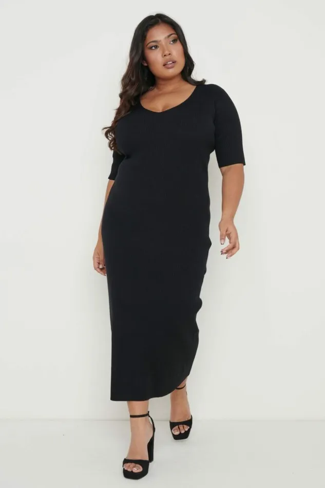 Pretty Lavish Curve Women Lara Ribbed Midi Dress Black