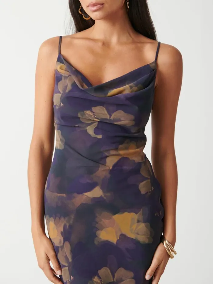 Pretty Lavish Dresses Women Keisha Printed Chiffon Maxi Dress Dark Amethyst andamp Saffron Floral