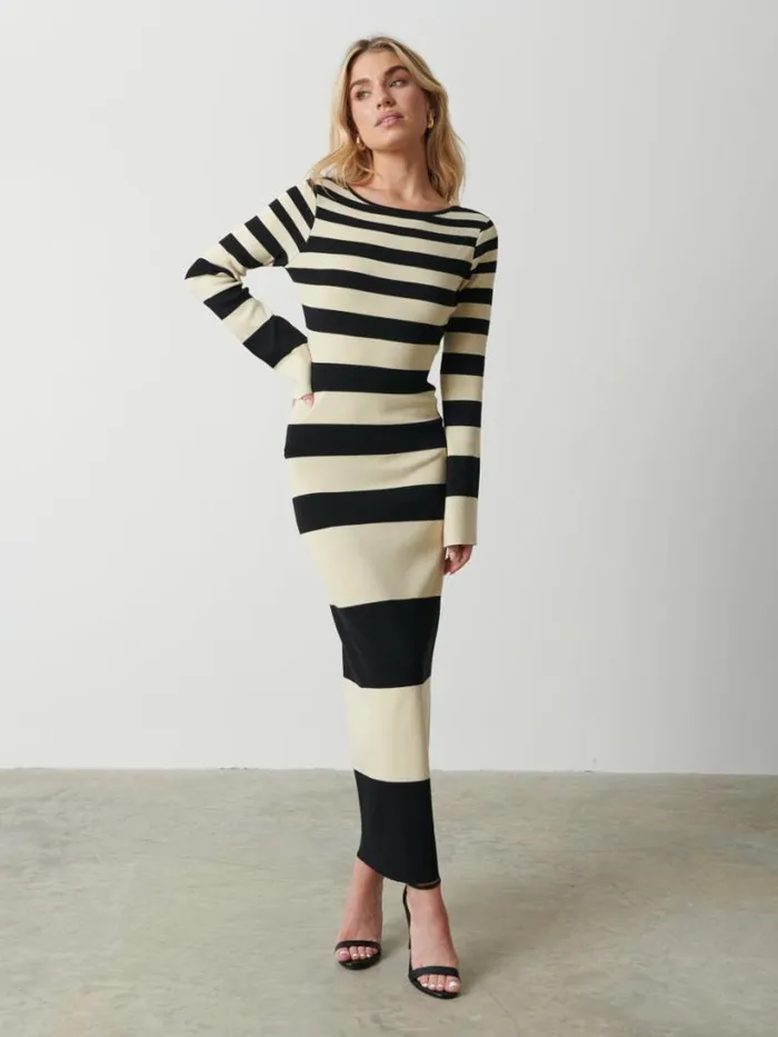 Pretty Lavish Dresses Women Mila Striped Knit Dress Black And Beige Stripe