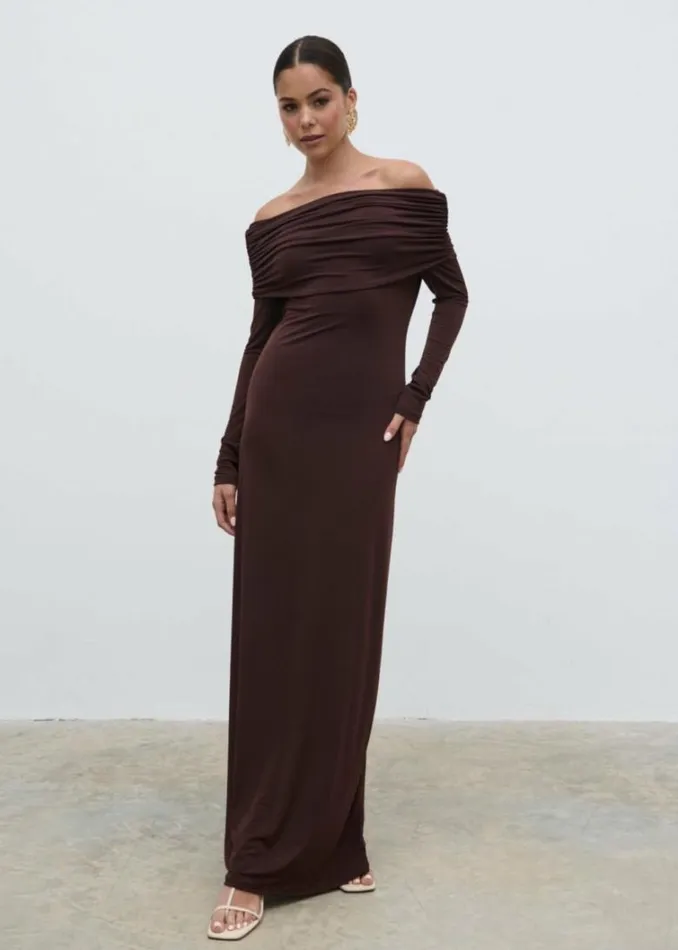 Pretty Lavish Dresses Women Perrie Bardot Jersey Maxi Dress Brown