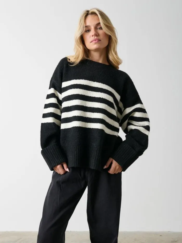 Pretty Lavish Knitwear Women Camille Oversized Striped Borg Jumper Black