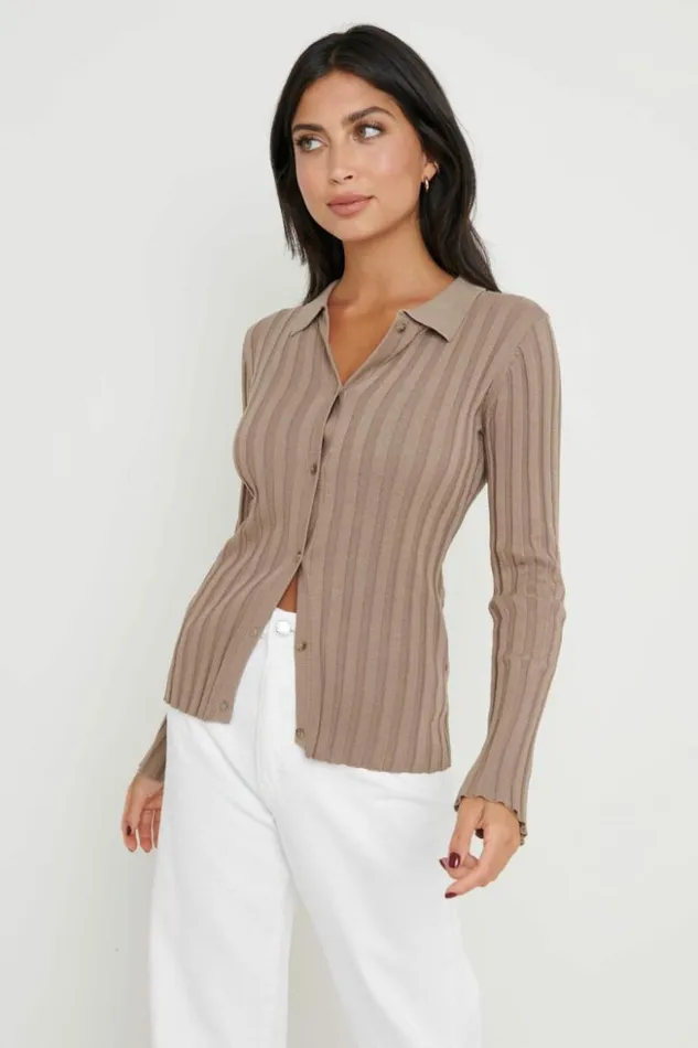 Pretty Lavish Knitwear Women Micah Ribbed Knit Button Shirt Brown