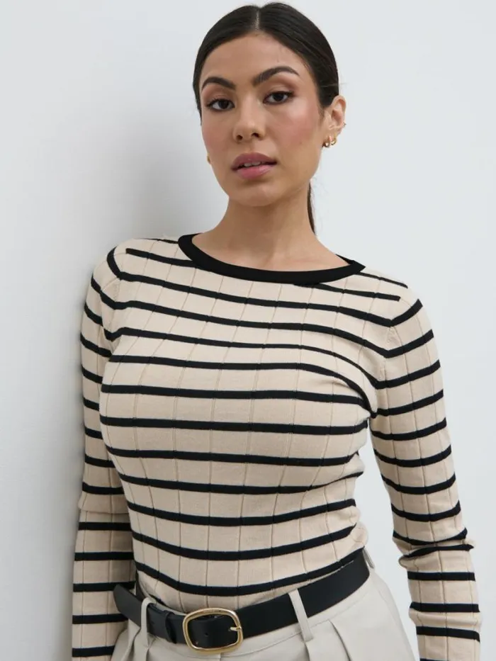 Pretty Lavish Tops Women Hailey Stripe Knit Top Navy And Cream Stripe