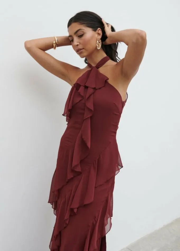 Pretty Lavish Wedding Guest Women Aria Halter Neck Ruffle Maxi Dress Wine