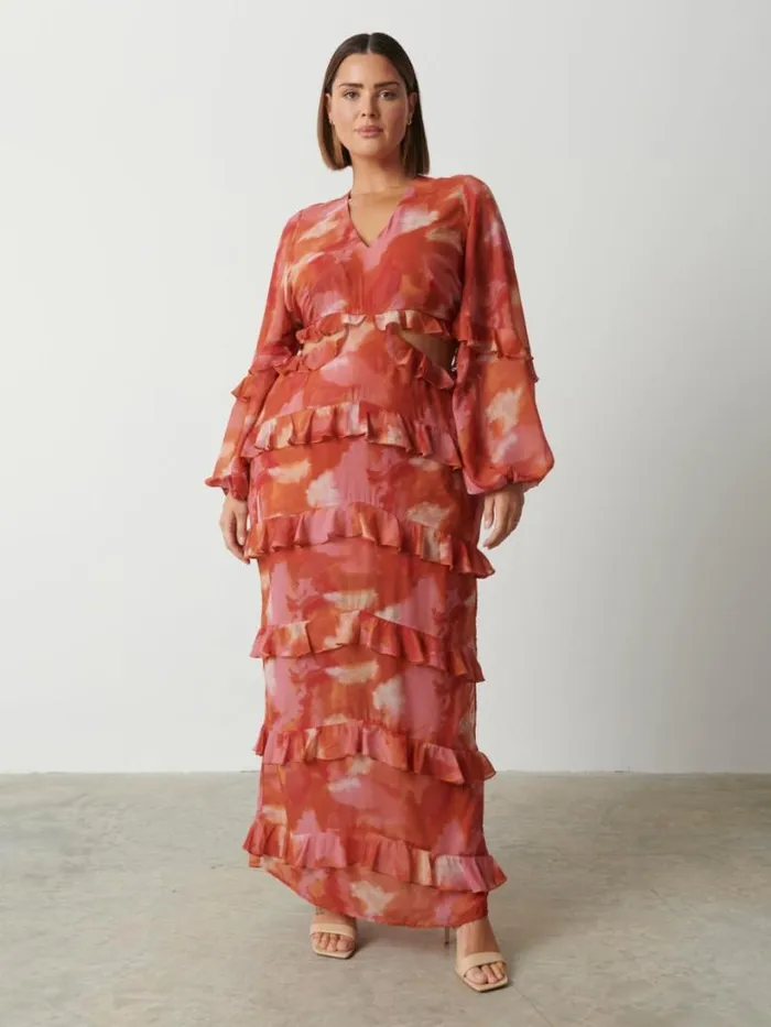 Pretty Lavish Wedding Guest Women Evie Ruffle Maxi Dress Curve Abstract Watercolour Pretty Lavish Wedding Guest Women Evie Ruffle Maxi Dress Curve Abstract Watercolour