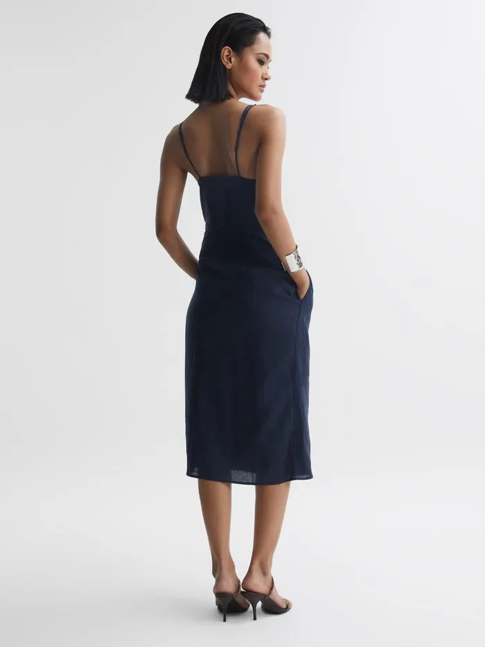 Reiss Dresses Esme Linen Side Tie Midi Dress Navy 8211 Women