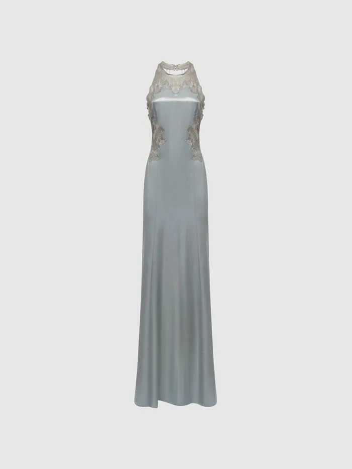 Reiss Dresses Fern Fitted Lace Halter Neck Maxi Dress Silver 8211 Women