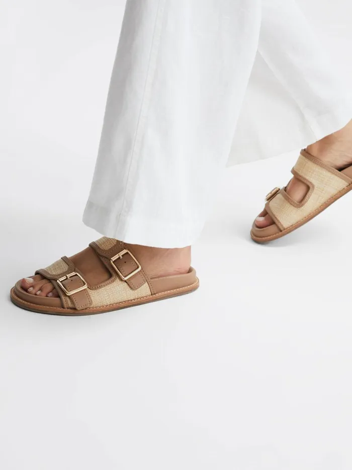 Reiss Flats Ezra Raffia Leather Sliders Natural 8211 Women