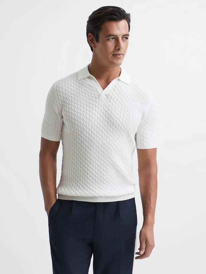 Reiss Knitwear Federico Slim Fit Cable Knit Open Collar Polo Shirt Ecru 8211 Men Reiss Knitwear Federico Slim Fit Cable Knit Open Collar Polo Shirt Ecru 8211 Men
