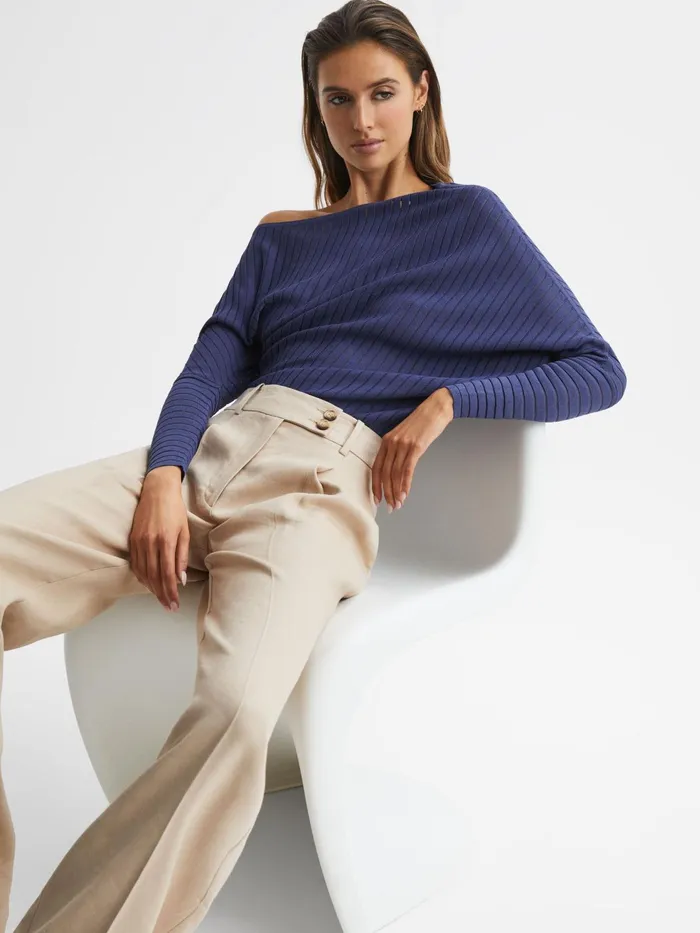 Reiss Knitwear Sage OffTheShoulder Sheer Detail Jumper Navy 8211 Women
