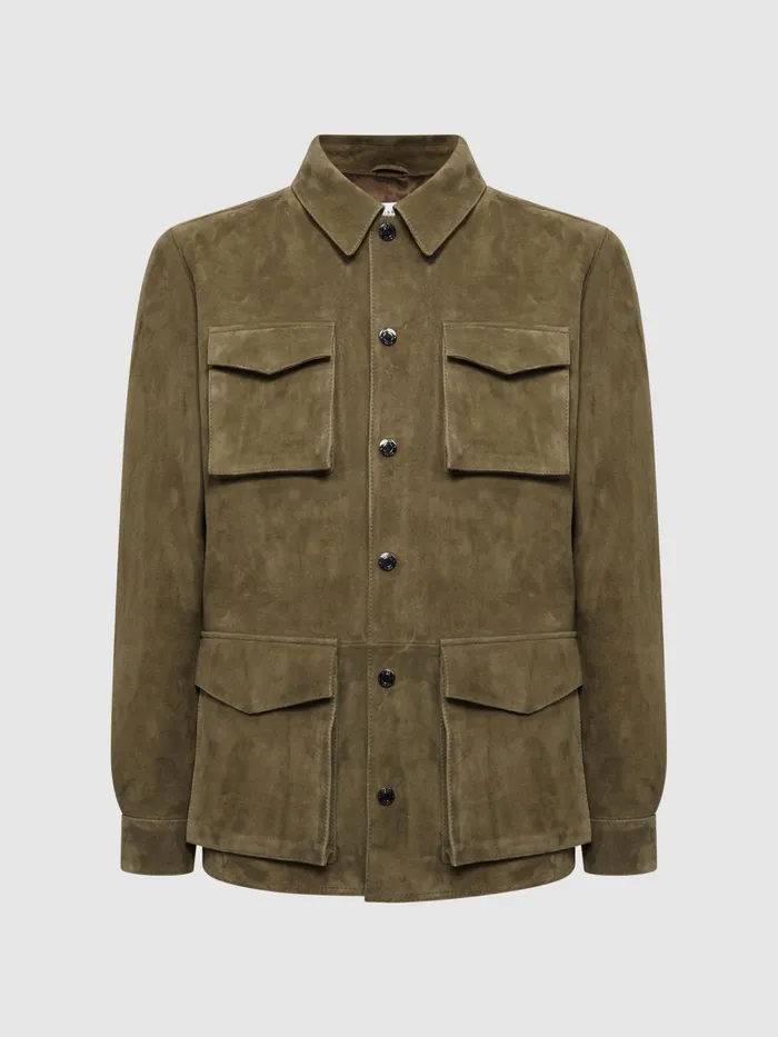 Reiss Leather Jackets Mays Suede Long Sleeve Four Pocket Jacket Sage 8211 Men