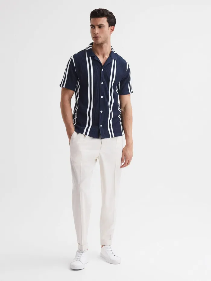 Reiss Shirts Castle Slim Fit Ribbed Cuban Collar Shirt Navywhite 8211 Men