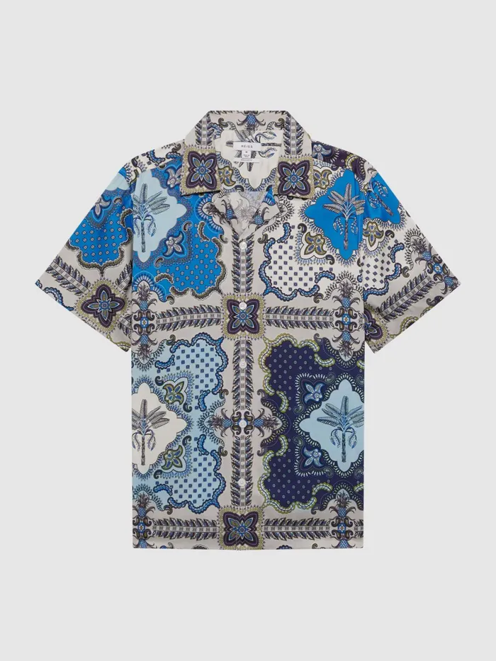 Reiss Shirts Eden Paisley Print Cuban Collar Shirt Blue Multi 8211 Men