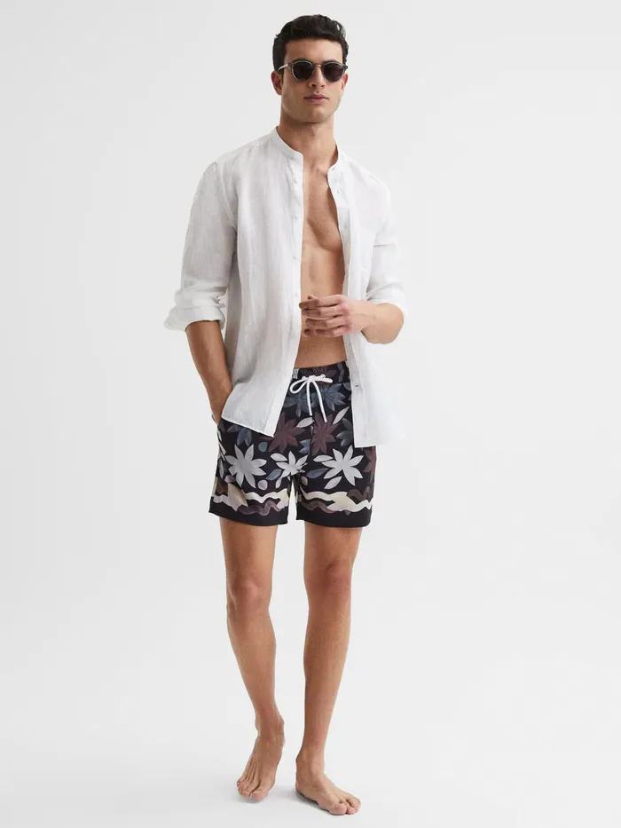 Reiss Swimwear Arizona Floral Print Drawstring Swim Shorts Black Multi 8211 Men