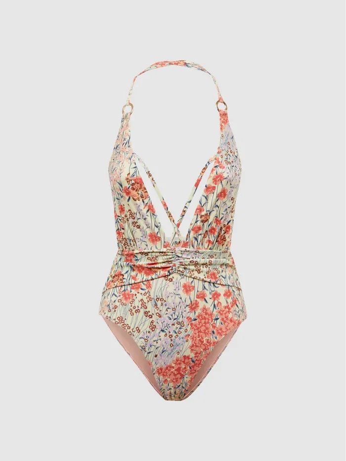 Reiss Swimwear Isla Floral Print Plunge Neck Swimsuit Pink Print 8211 Women