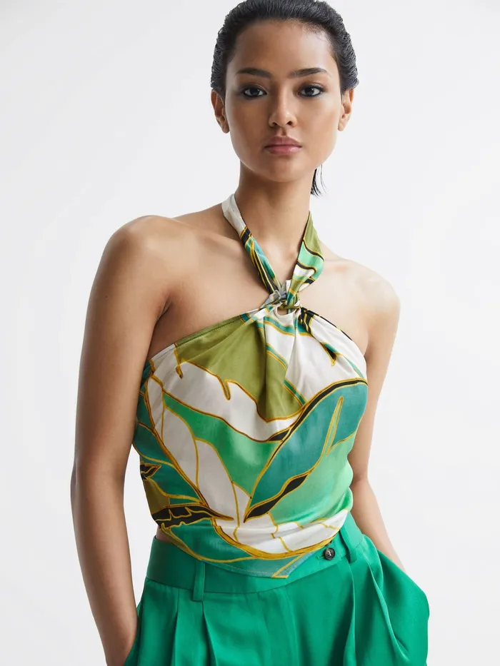 Reiss Tops Luna Printed Halter Neck Crop Top Green 8211 Women