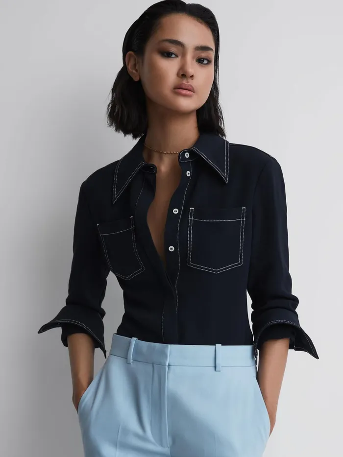 Reiss Tops Natalia Stitch Detail Fitted Shirt Navy 8211 Women