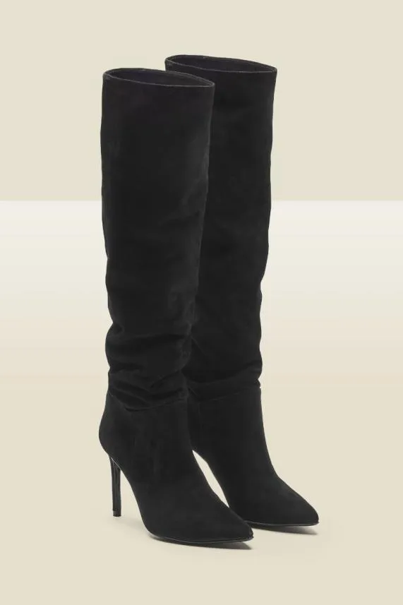 Sosandar Belle Black Suede Heeled Slouch High Leg Boot Black Women Boots