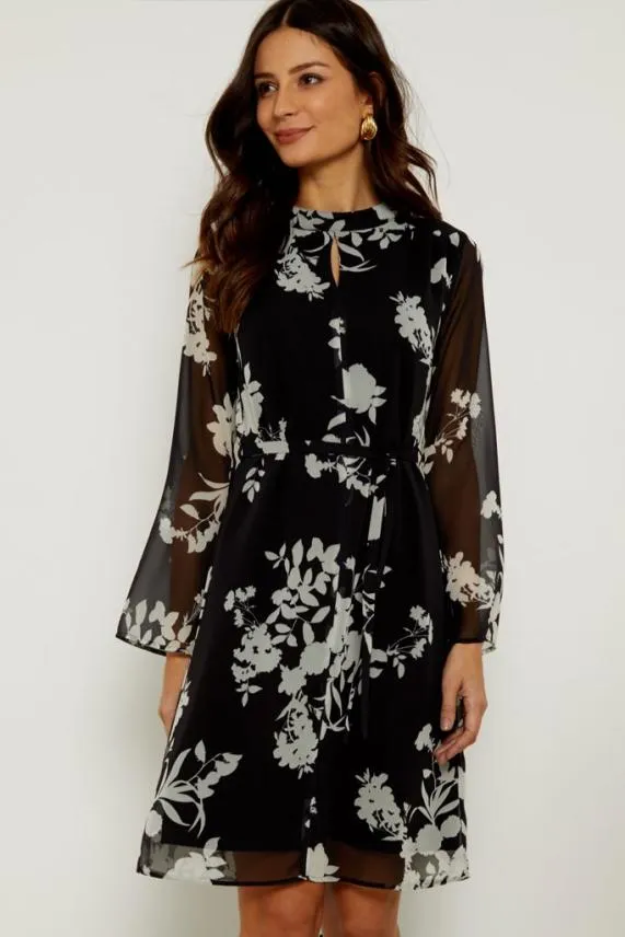Sosandar Black and White Floral Print Belted Shift Dress Black White Women Dresses Sosandar Black and White Floral Print Belted Shift Dress Black White Women Dresses